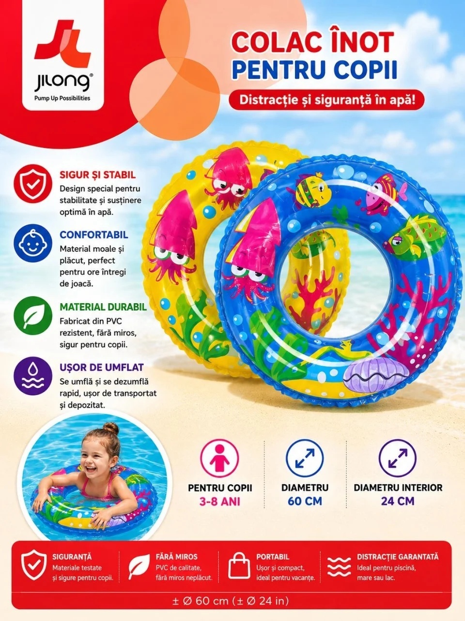 Colac gonflabil copii cu imprimeu marin, 50 cm, galben, pentru piscina si plaja 2