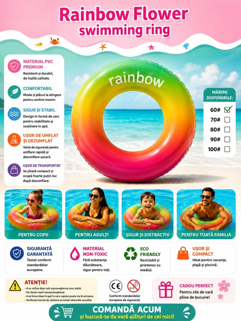 Colac Gonflabil Rainbow 90 cm – Inel de Înot Multicolor pentru Copii, Piscină și Plajă 2