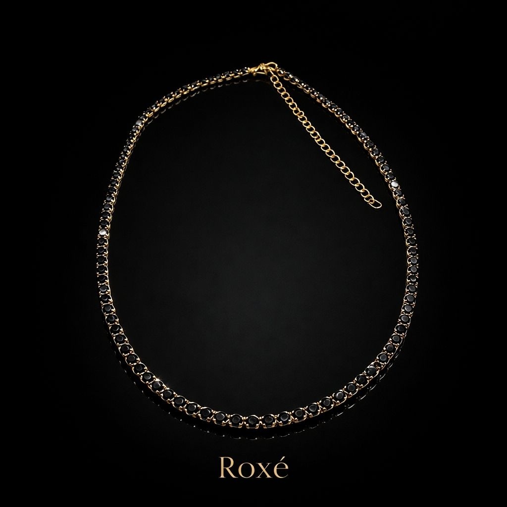 Colier Roxe Auriu cu Pietricele Negre, Elegant, 36 cm, material inoxidabil , reglabil