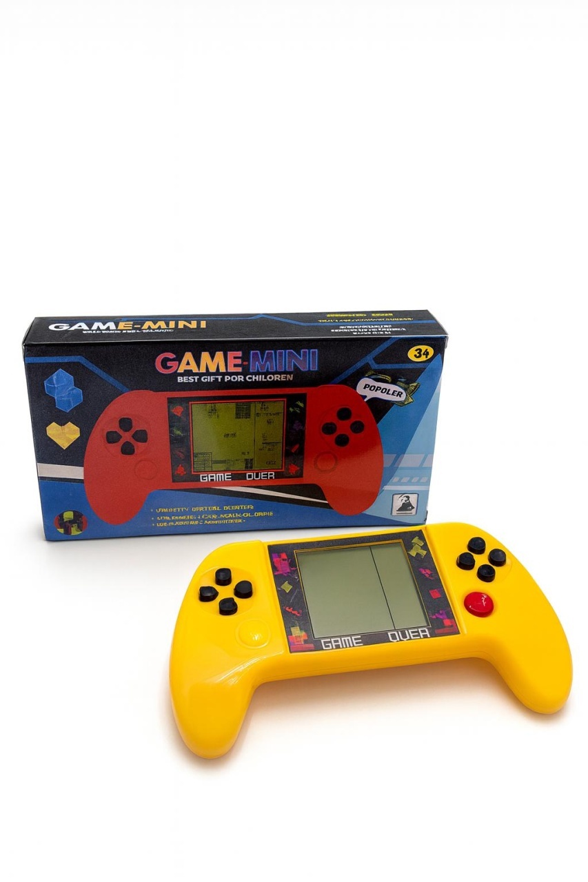 Consola portabila Tetris Game Mini cu multiple jocuri retro culoare galben, 18.5x10.5cm