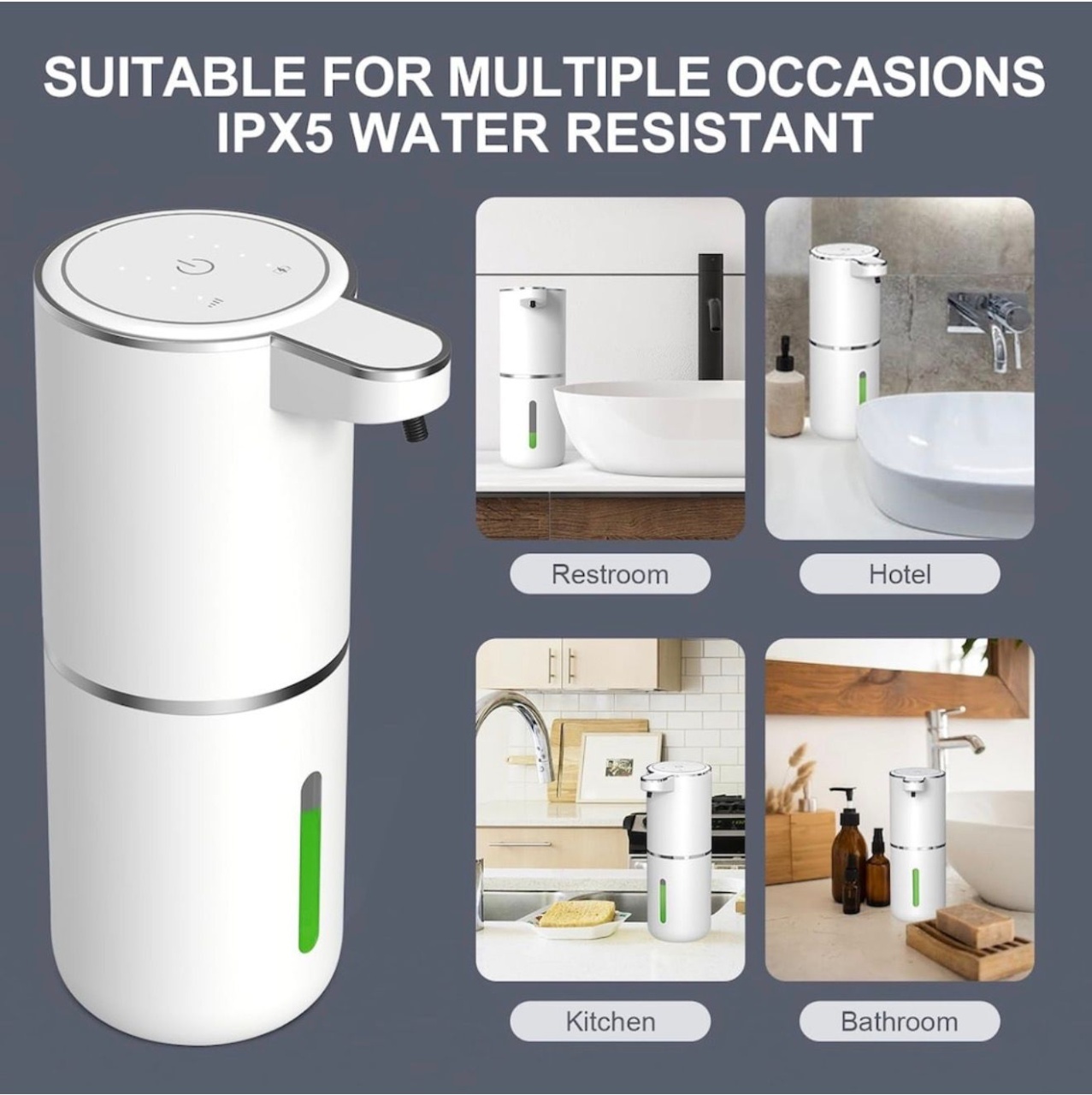 Dozator Automat Sapun cu Senzor, Montare Perete sau Masa, USB-C, Rezervor 380ml, Alb 3