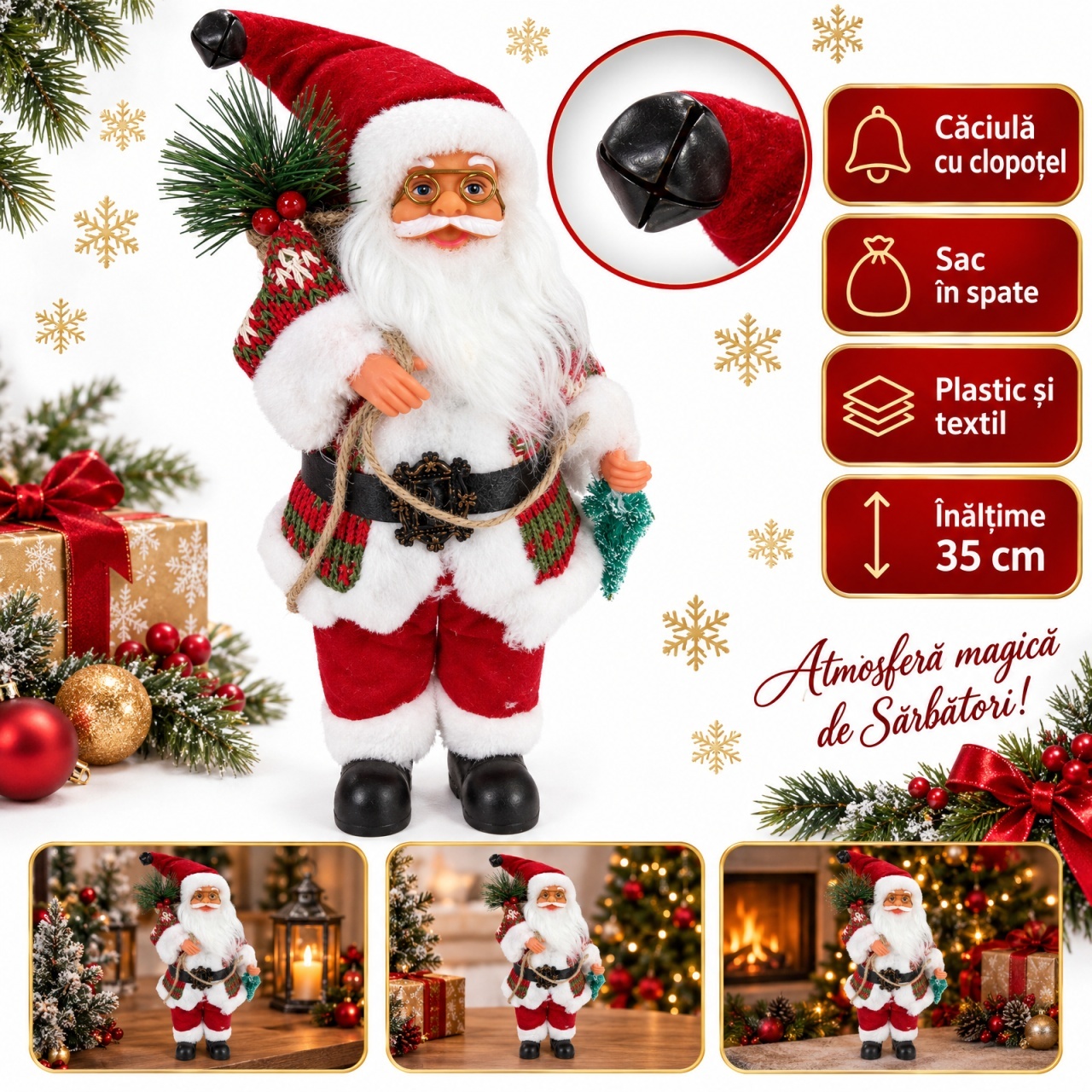Figurina decorativa Mos Craciun, sac in spate, caciula cu clopotel, plastic si textil, aprox. 41 cm