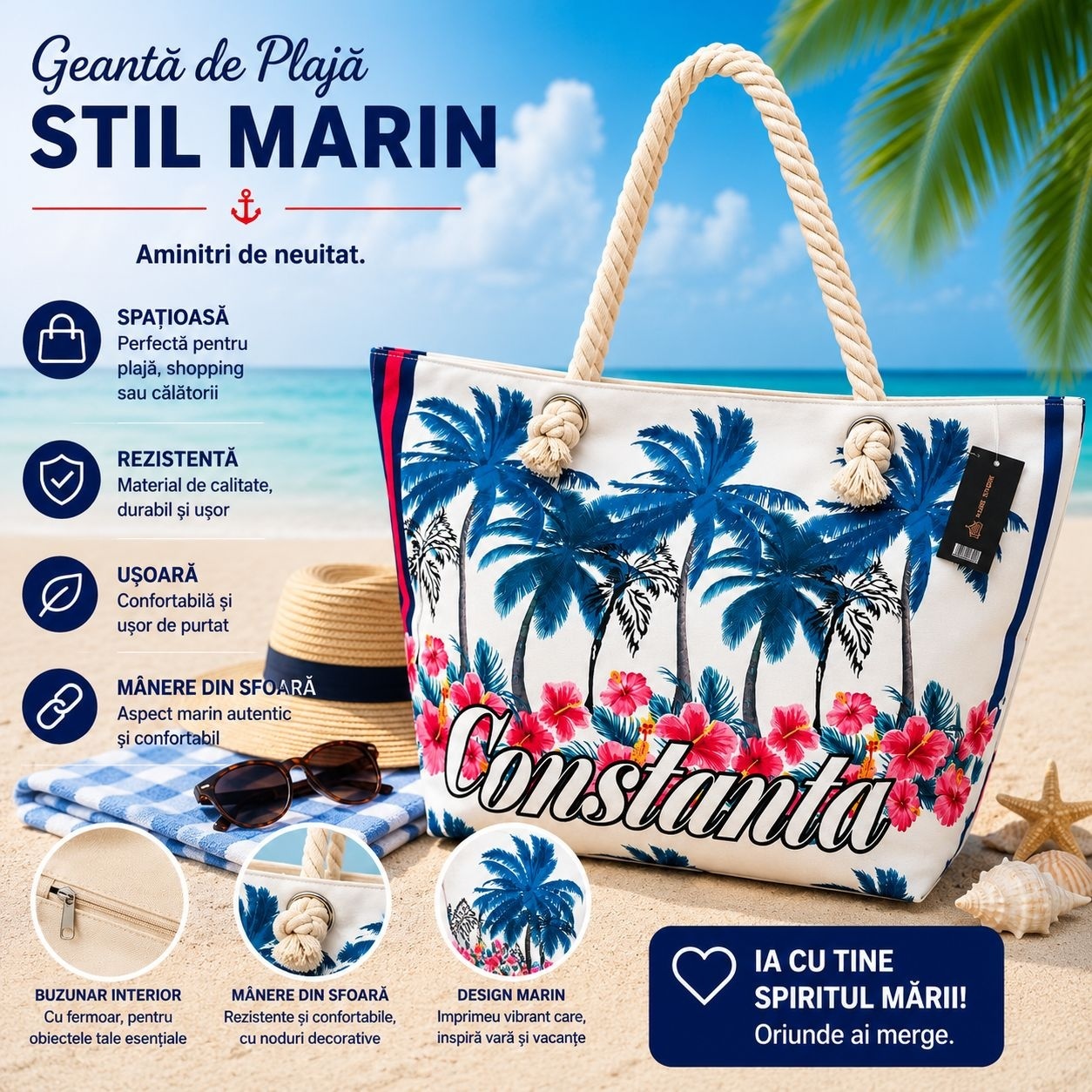 Geantă de Plajă Constanța cu Palmieri – Tote Tropicală Spațioasă cu Mânere din Sfoară 2