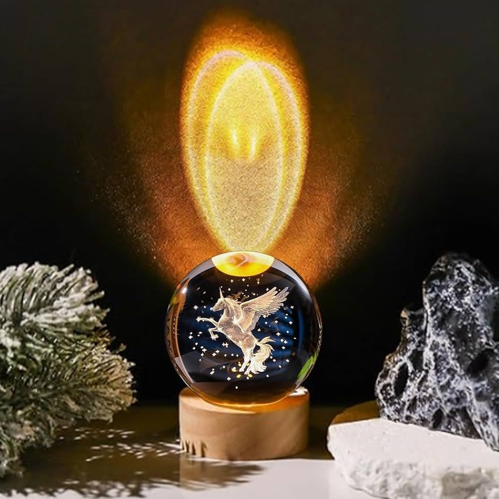 Glob Cristal 3D Unicorn Magic cu LED, 10 cm, Baza Lemn, Decor Fantasy 4