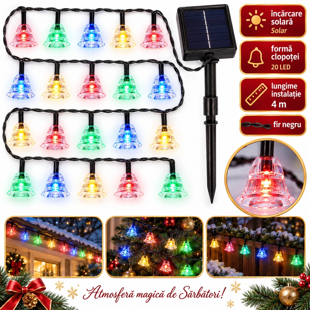 Instalație solară de Crăciun cu LED-uri multicolore tip clopotel, 4m, 20LED
