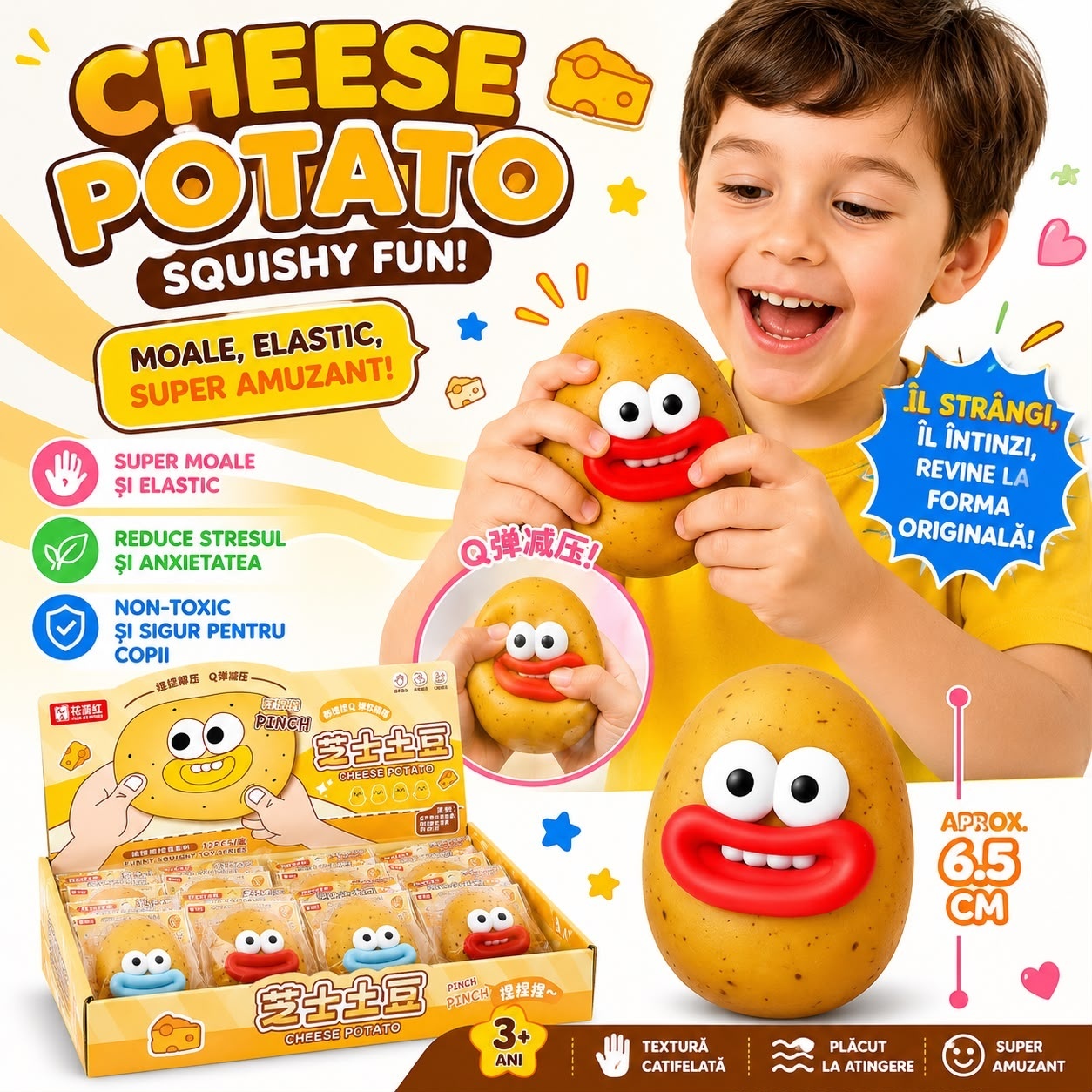 Jucărie Antistres Squishy Cartof 8 cm, cu Spumă în Interior, Model Aleatoriu, Moale și Elastică 2