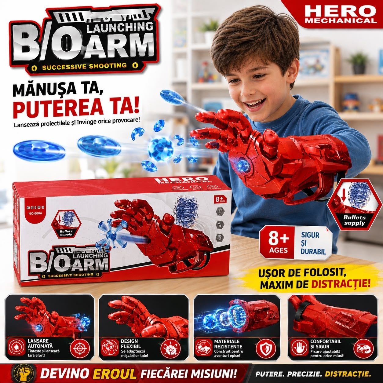 Jucărie Pistol cu Bile din Gel – Mănușă Lansator Automat cu Proiectile Gel, Hero Mechanical, 8+ Ani 3