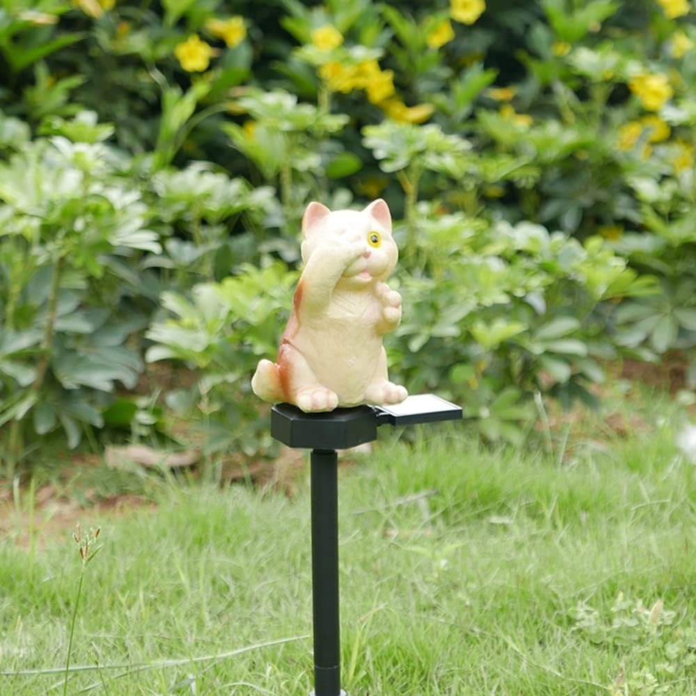 Lumină Solară Decorativă în Formă de Pisică, Polirășină, 15 cm, Crem 2