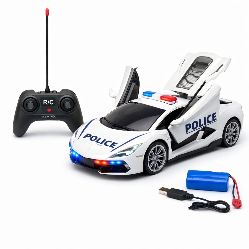 Masina politie RC alba cu usi si capota deschidere, lumini sunet, 2.4GHz, acumulator