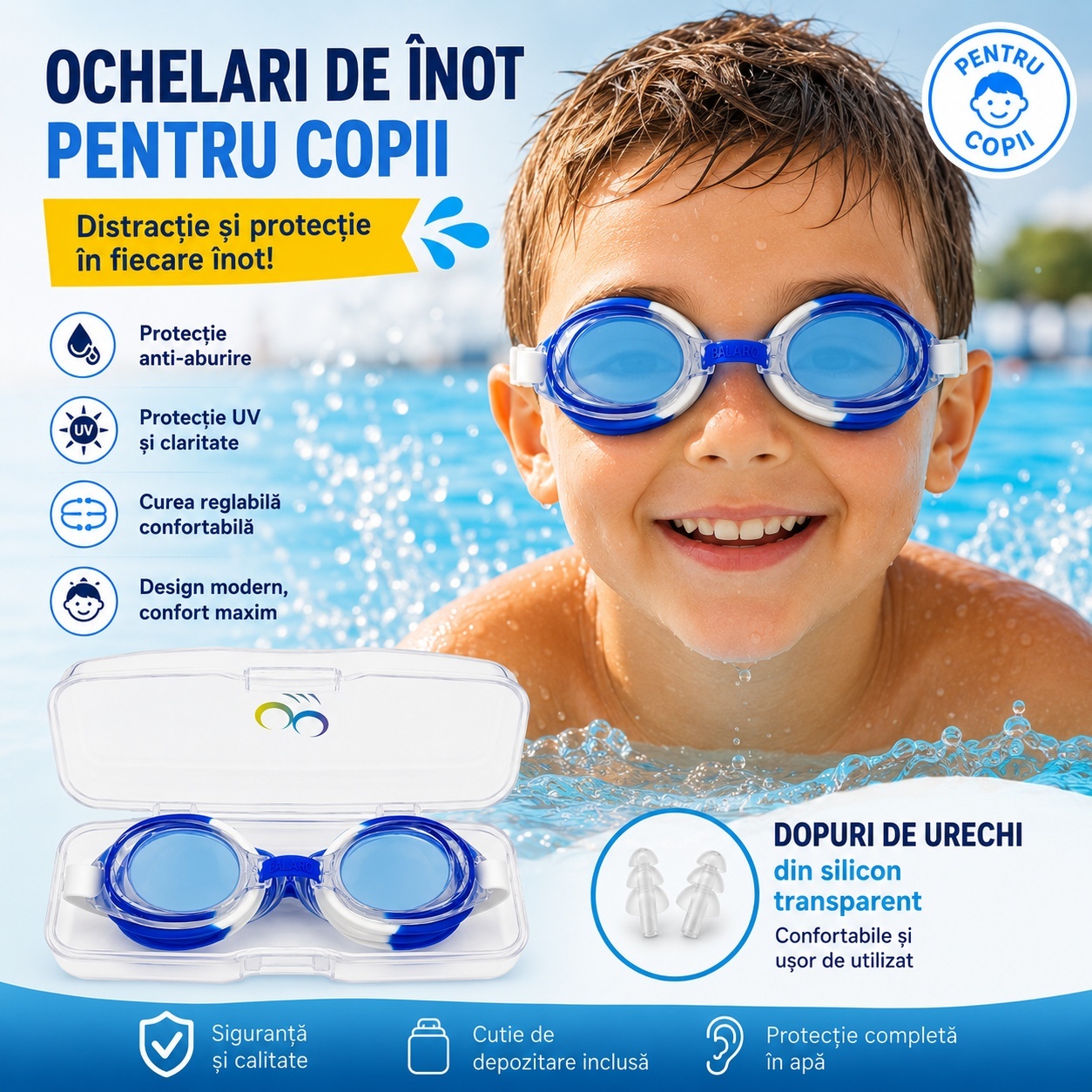Ochelari de inot copii albastru-alb, reglabili, cu dopuri urechi silicon transparent 2