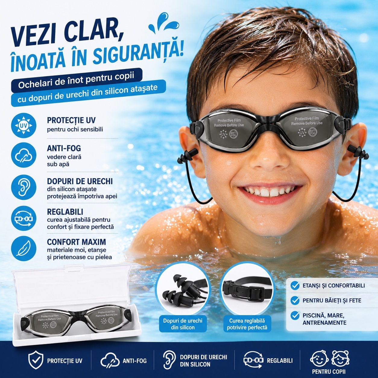 Ochelari de inot copii negri reglabili cu dopuri de urechi silicon anti-fog UV 2