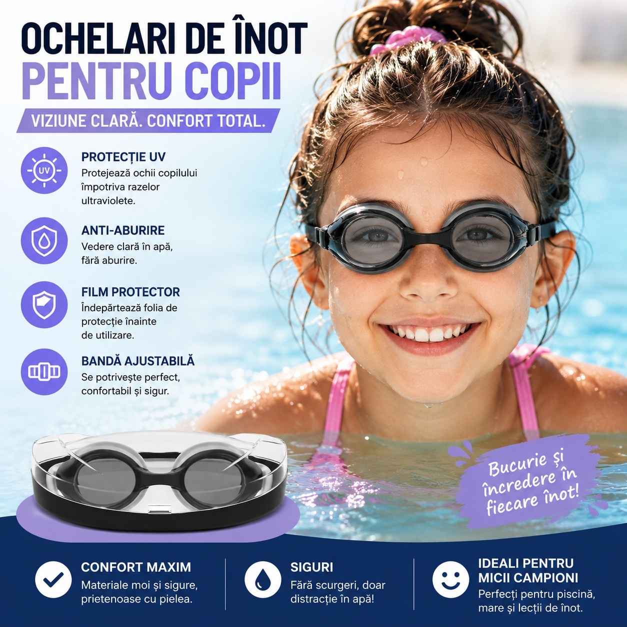 Ochelari de Înot pentru Copii Gri – Reglabili, Anti-Aburire și Protecție UV 2