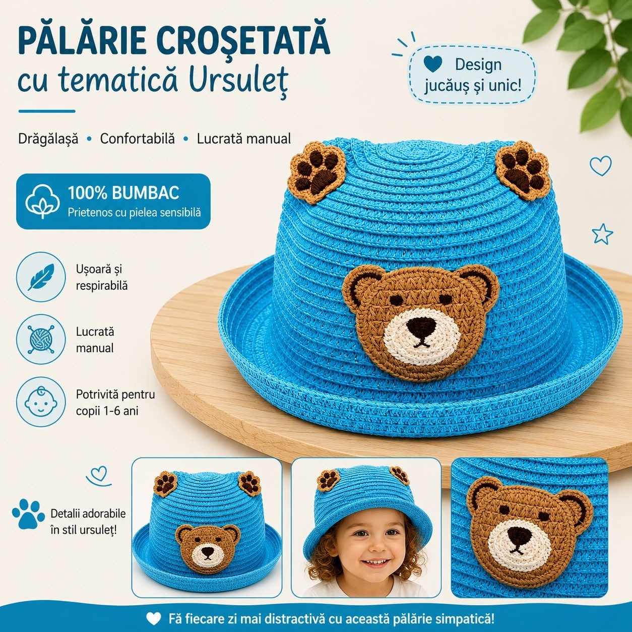 Palarie bleu copii cu ursulet, crosetata manual, bumbac, model vesel 2