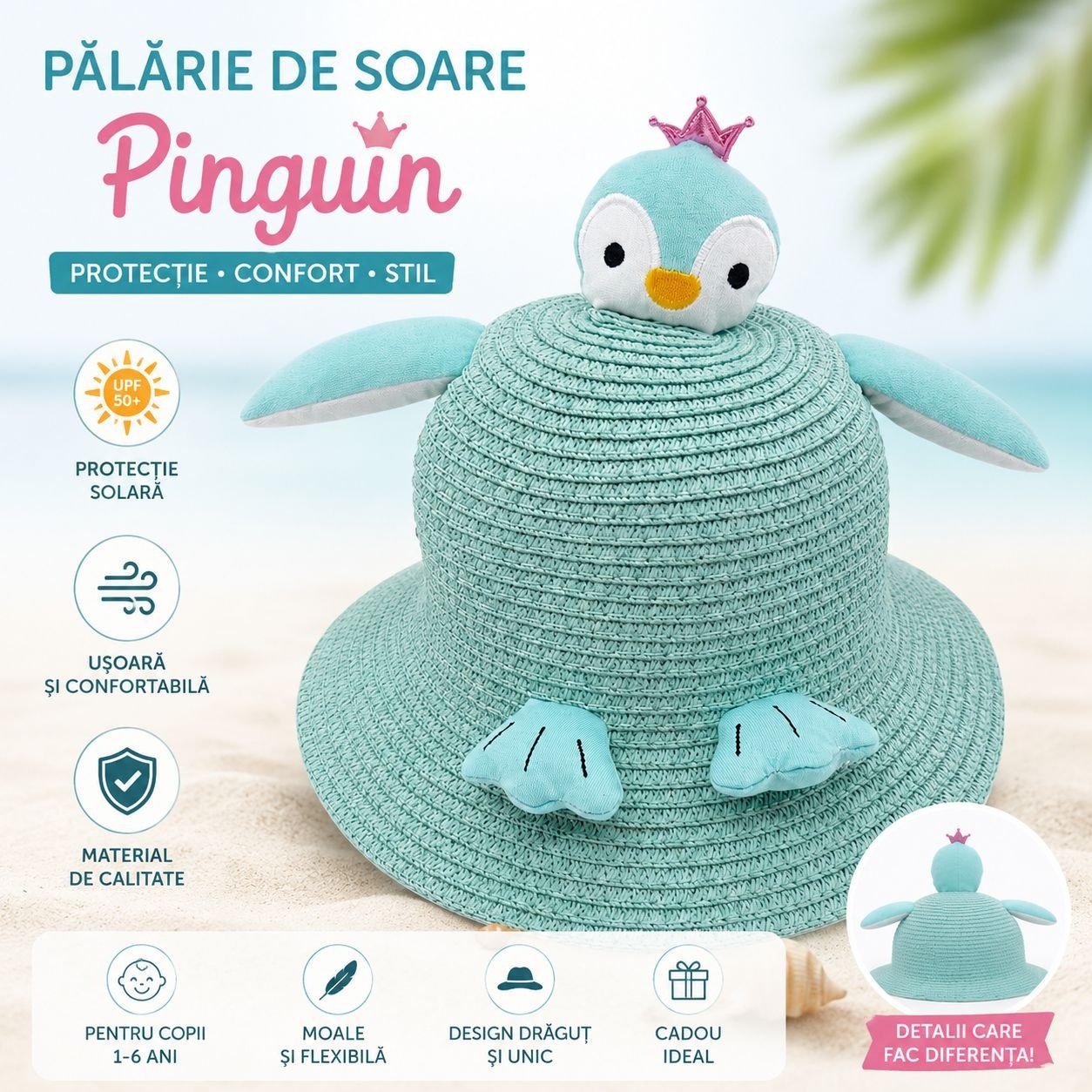 Palarie copii cu pinguin bleu si coroana decorativa, crosetata manual 2