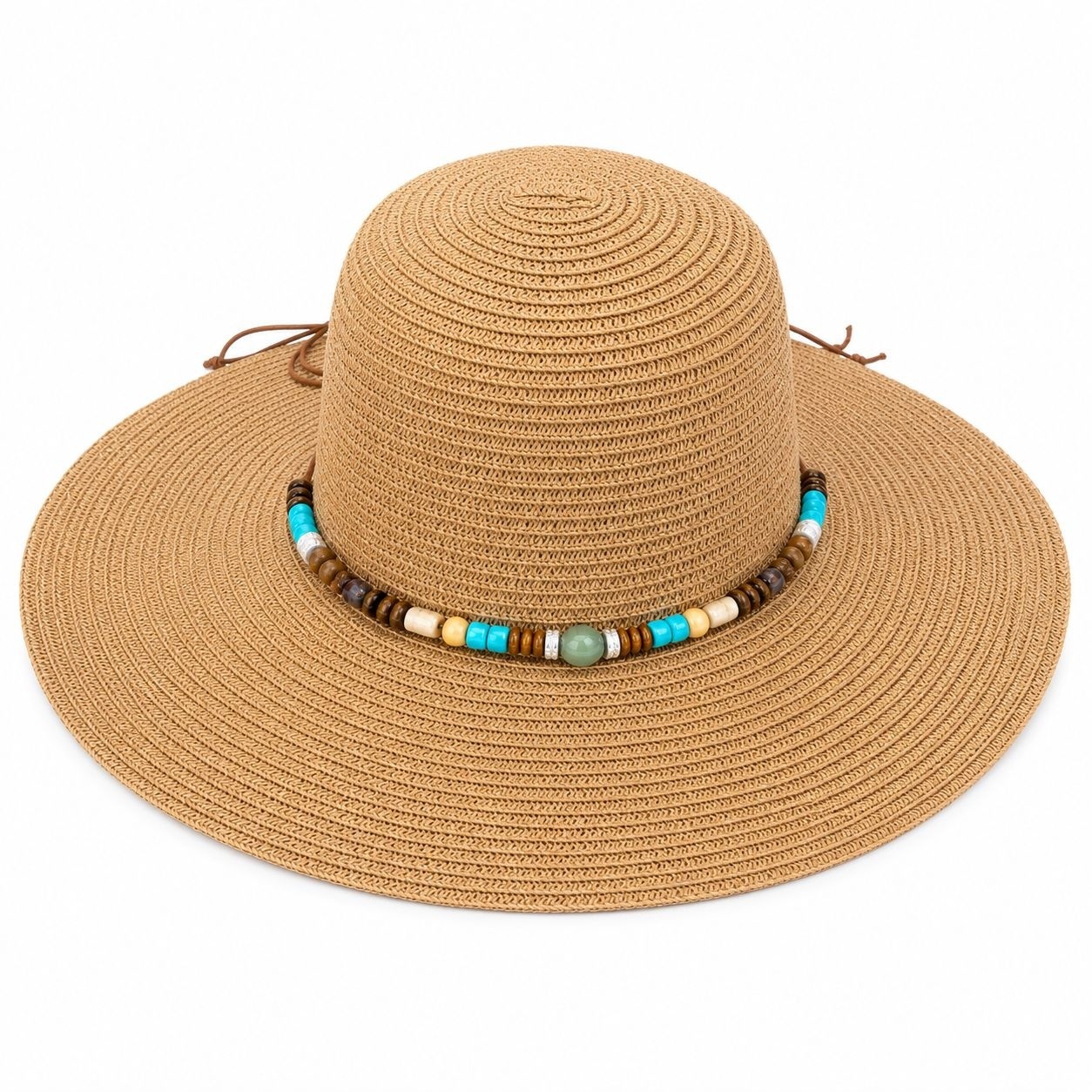 Palarie de Soare Bej Eleganta cu Accesorii Colorate pentru Plaja si Vacante