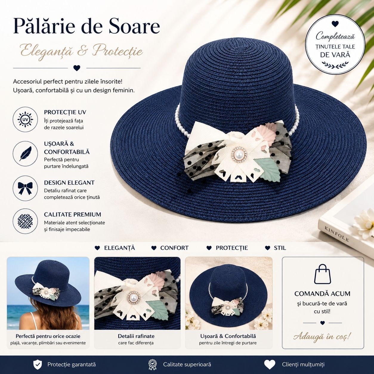 Palarie de Soare pentru Femei Bleumarin cu Fundita – Model Elegant de Vara 2