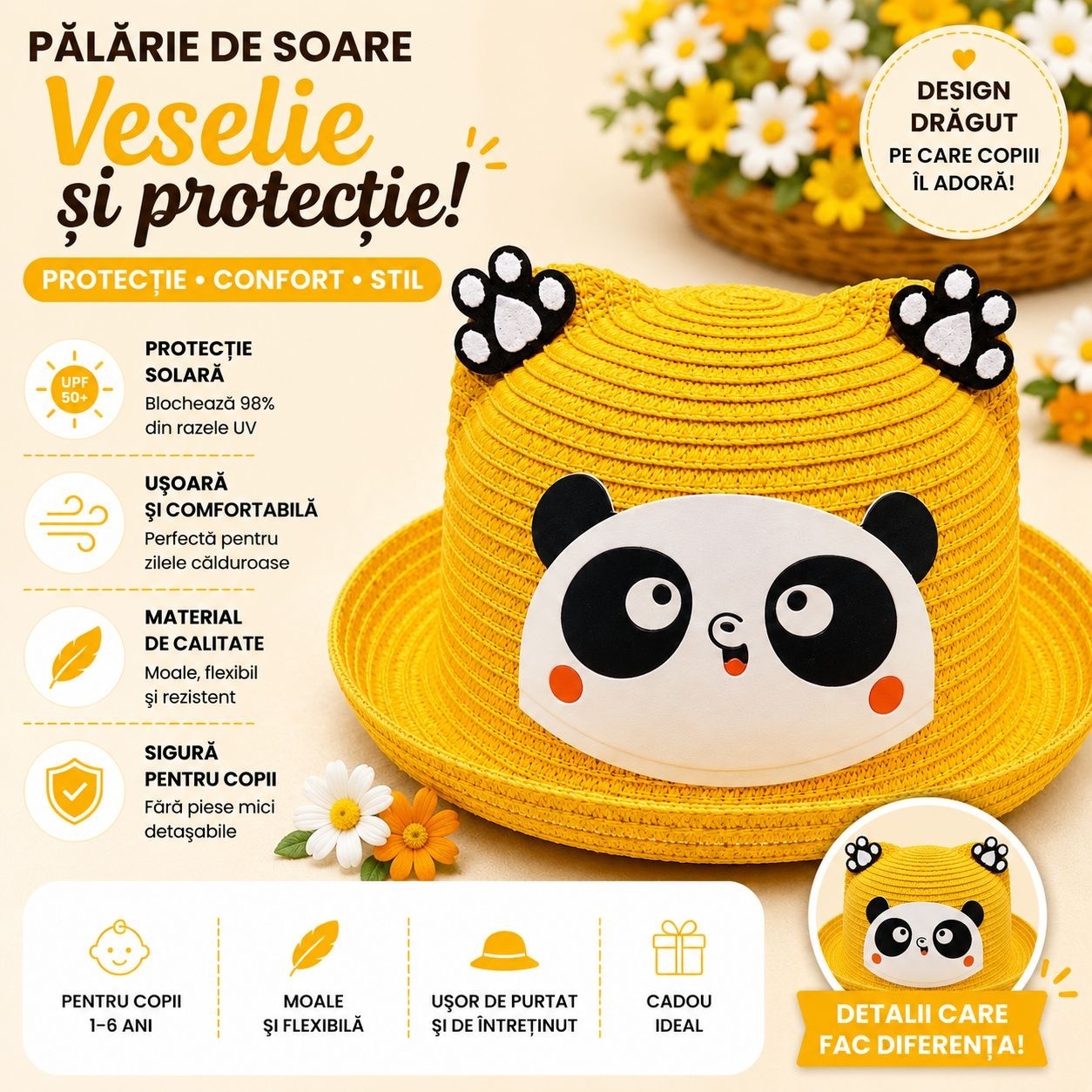 Palarie de Vara Galben Mustar cu Panda pentru Copii, Protectie UV si Design Vesel 2