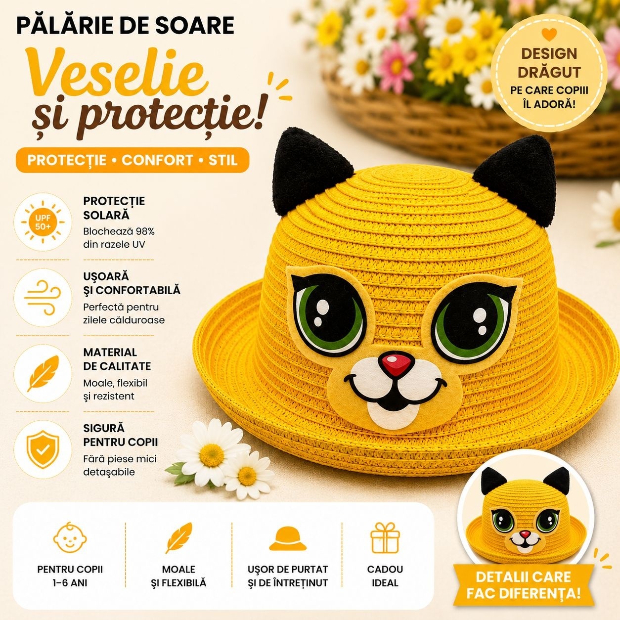 Palarie de Vara Galbena pentru Copii, cu Design Pisicuta si Protectie UV 2