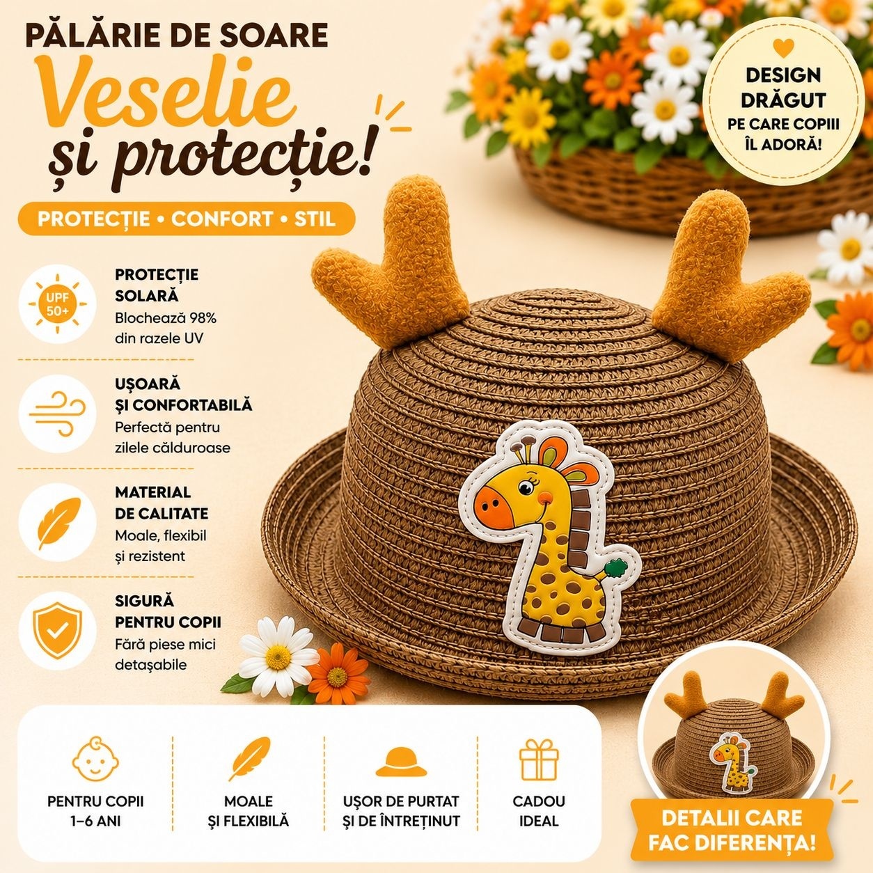 Palarie de Vara Maro pentru Copii cu Girafa, Protectie UV si Design Adorabil 2