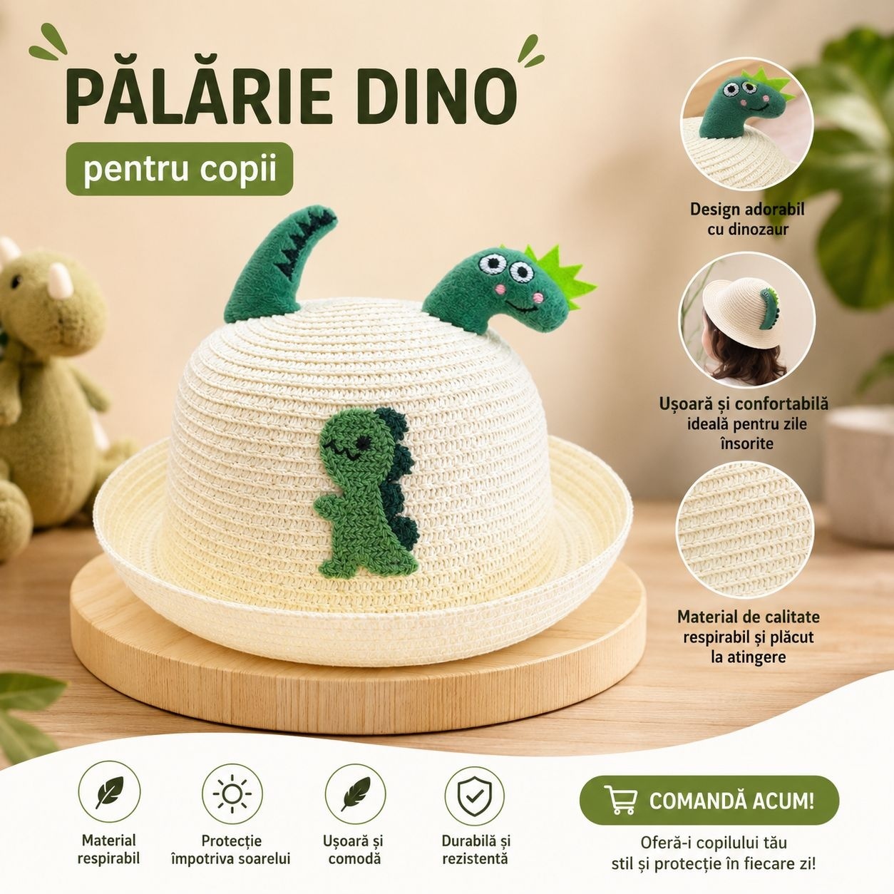 Palarie de Vara pentru Copii cu Dinozaur Verde si Design Adorabil, Usoara si Comoda 2