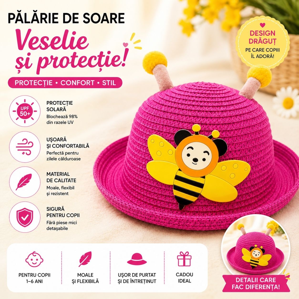 Palarie de Vara Roz pentru Copii, cu Design Albina si Protectie UV 2