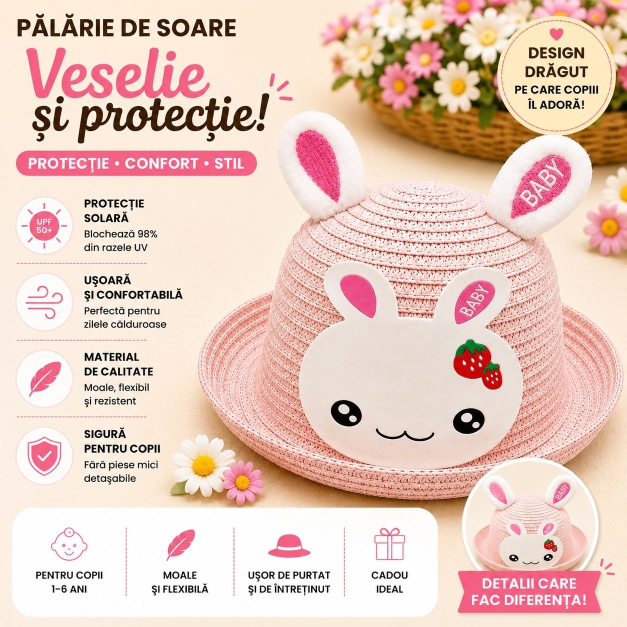 Palarie de Vara Roz Pudrat cu Iepuras pentru Copii, Protectie UV si Design Dragut 2