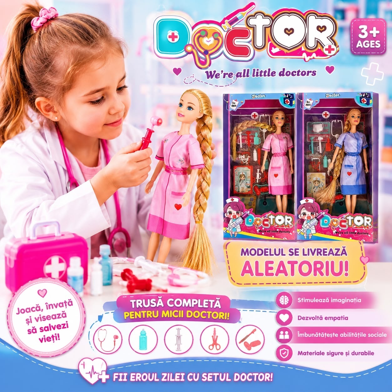 Păpușă Asistentă Medicală cu Trusă Doctor și Accesorii, Păr Lung, 3+ Ani – Model Aleatoriu 3