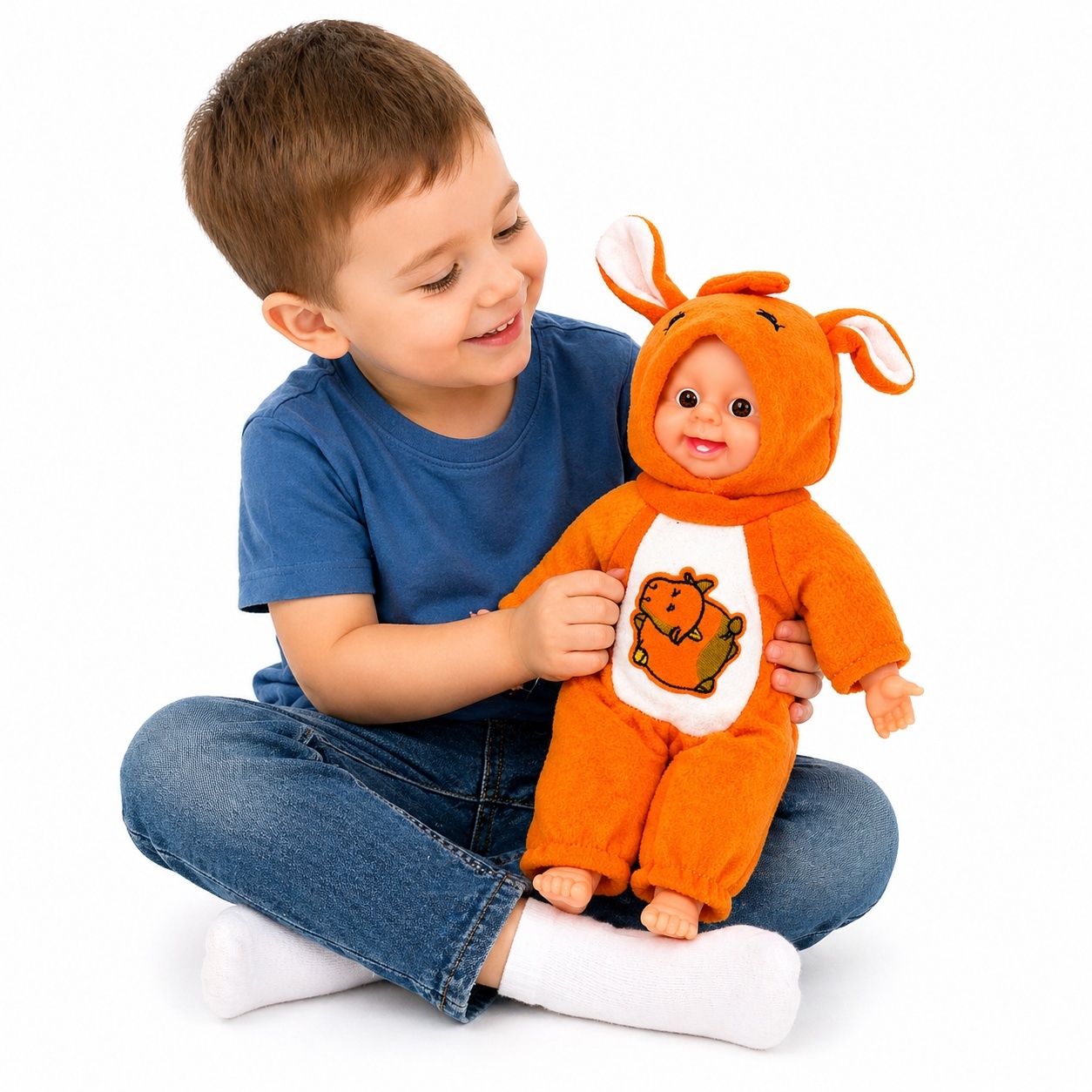 Papusa bebelus 35cm care rade, costum portocaliu cu gluga, jucarie copii 2
