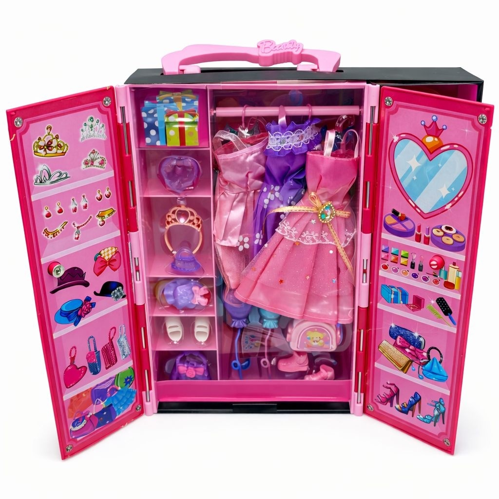 Papusa cu dressing si accesorii, set Dream Wardrobe, haine si incaltaminte incluse, roz, 32x27x6 cm 2