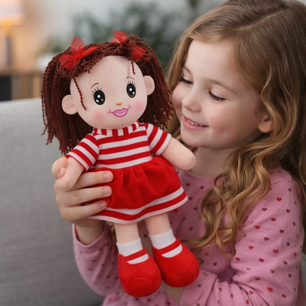 Papusa din material textil 33 cm rosie- recita Ingerasul, baterii incluse 2