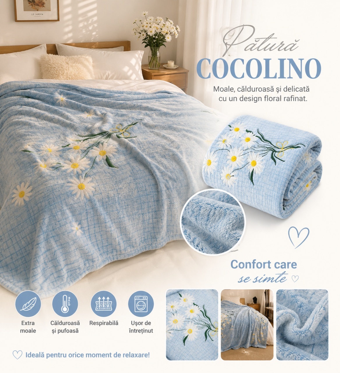 Patura Cocolino Pufoasa cu Margarete, Albastru Deschis, 200x220 cm 2