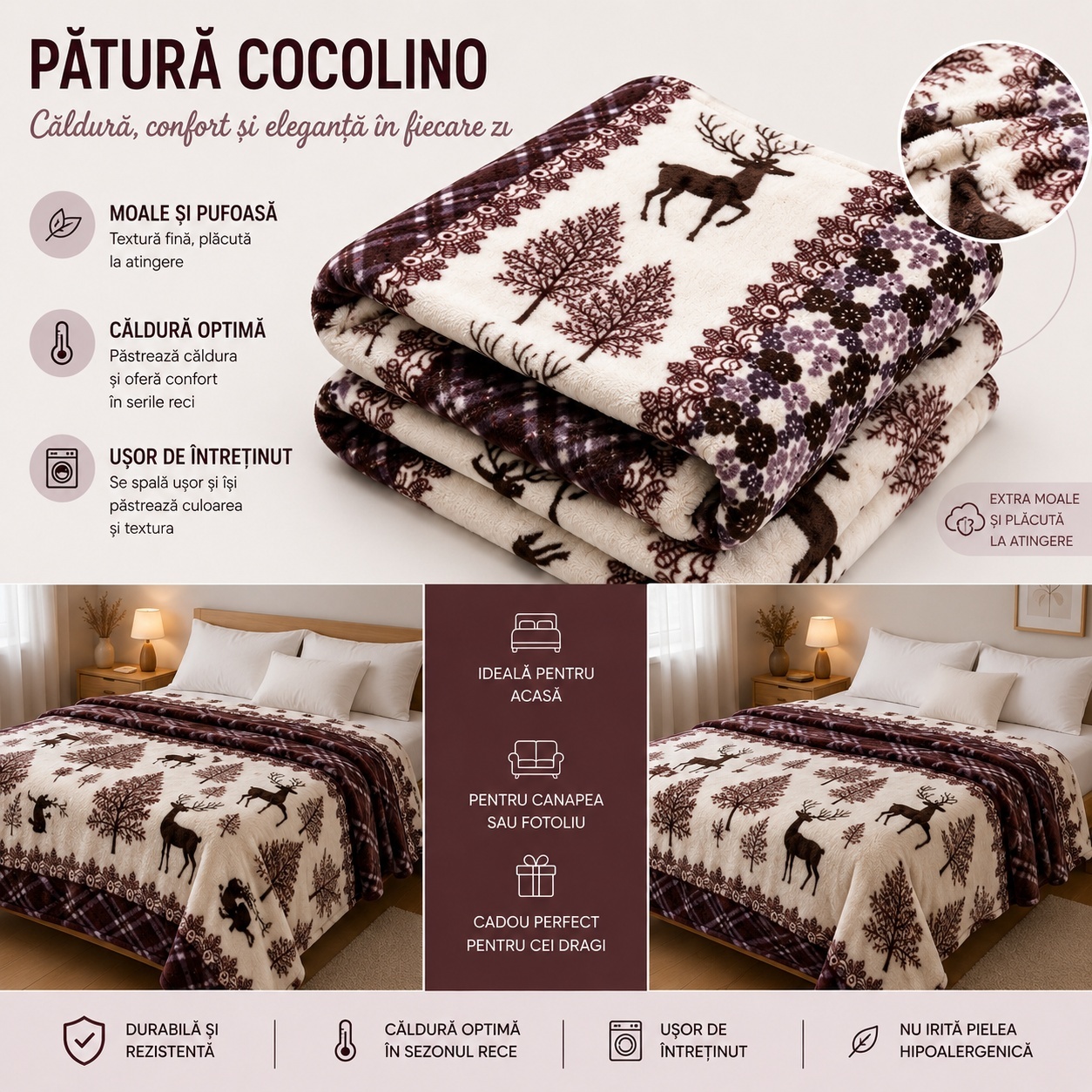 Patura Cocolino Pufoasa cu Model Cerbi si Flori, 200x220 cm, Crem cu Maro 2