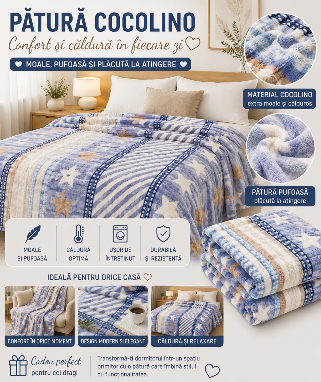 Patura Cocolino Pufoasa cu Model Dungi si Stelute, 200x220 cm, Albastru si Crem 2