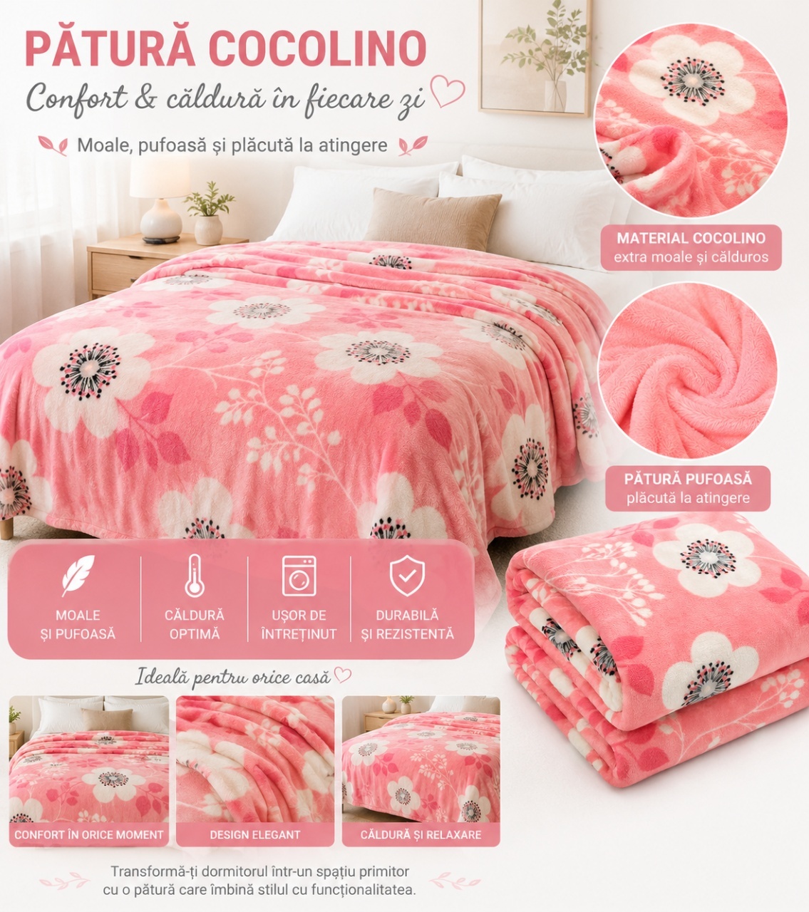 Patura Cocolino Pufoasa cu Model Floral, 200x220 cm, Roz Coral 2