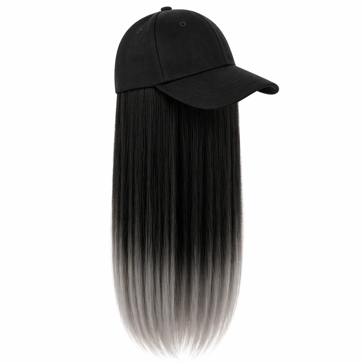 Peruca lunga 50 cm cu sapca neagra, par negru cu efect ombre gri