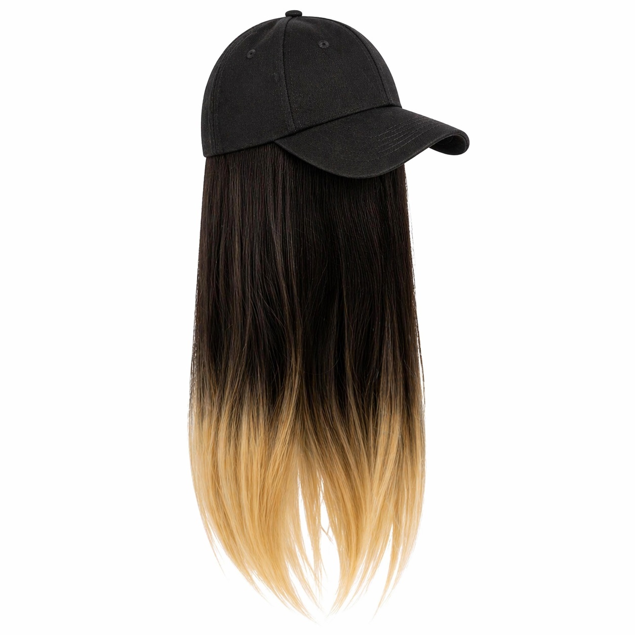 Peruca lunga 50 cm cu sapca neagra, par negru cu ombre blond
