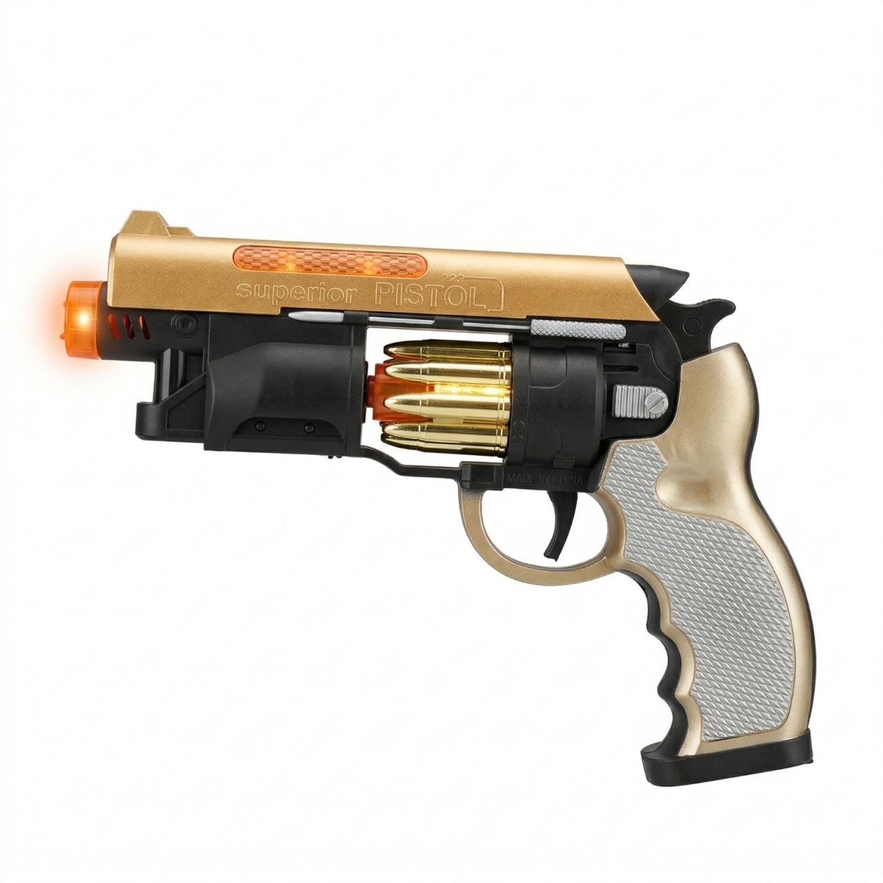 Pistol jucarie electric 23 cm, auriu cu lumini si sunet, model revolver 2