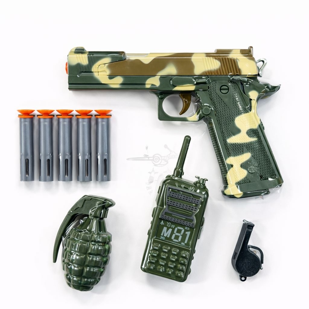 Pistol jucarie tip militar verde 19 cm, soft gun cu accesorii si gloante cu ventuze