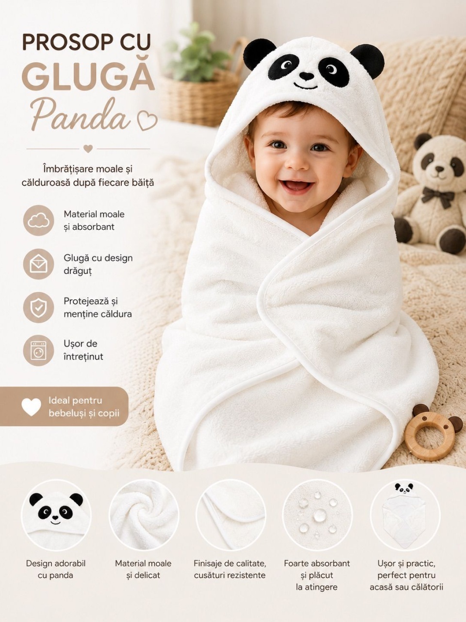 Prosop cu Glugă pentru Copii și Bebeluși Alb – Model Panda, Moale și Absorbant 2