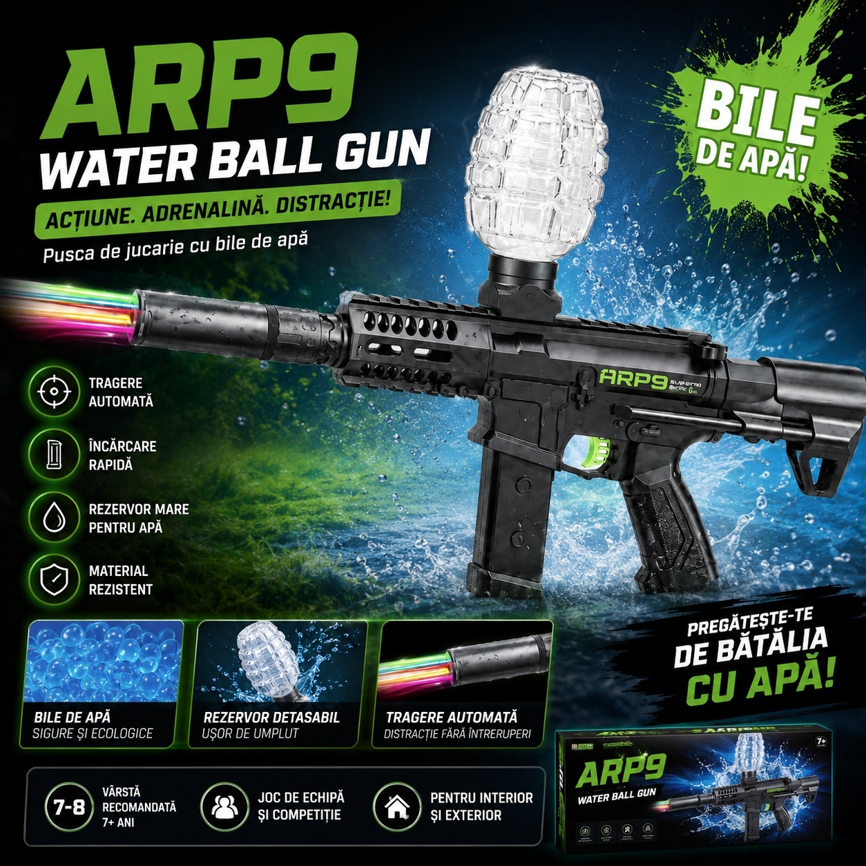 Pusca de Jucărie Electrică ARP9 cu Bile de Apă – 35 cm, Reîncărcabilă, Tragere Automată Rapidă 4
