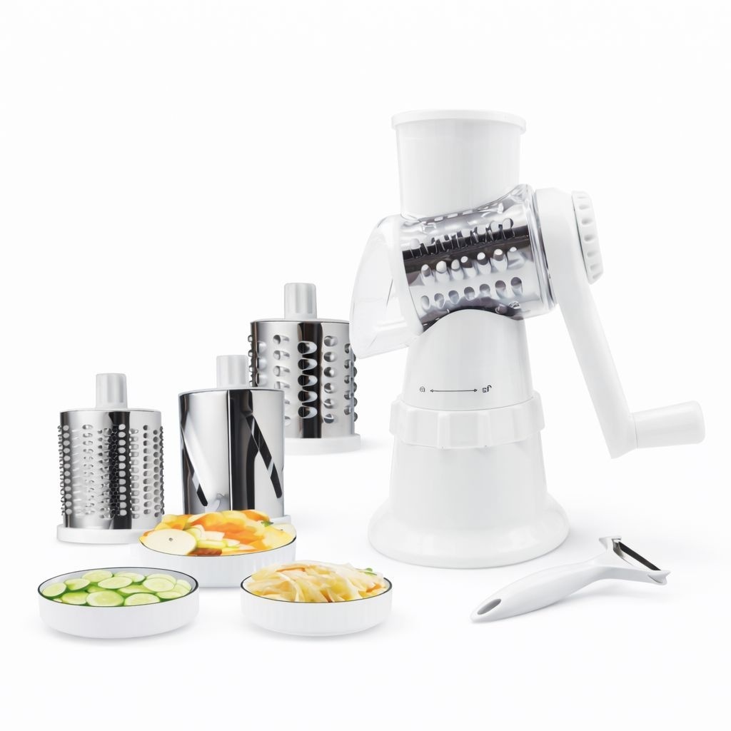 Razatoare manuala multifunctionala 4 in 1 pentru legume si fructe cu tamburi inox verde 2