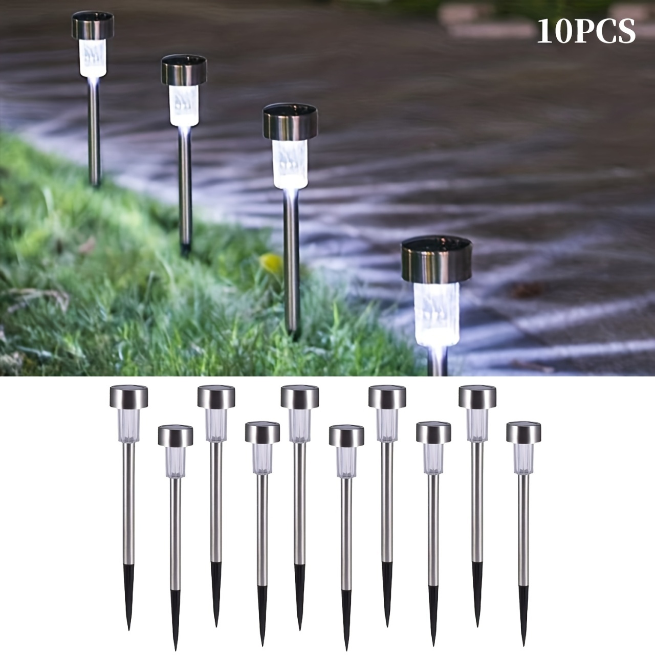 Set 10 Lămpi Solare LED pentru Grădină, Metal și Plastic, Lumină rece, Argintii 4