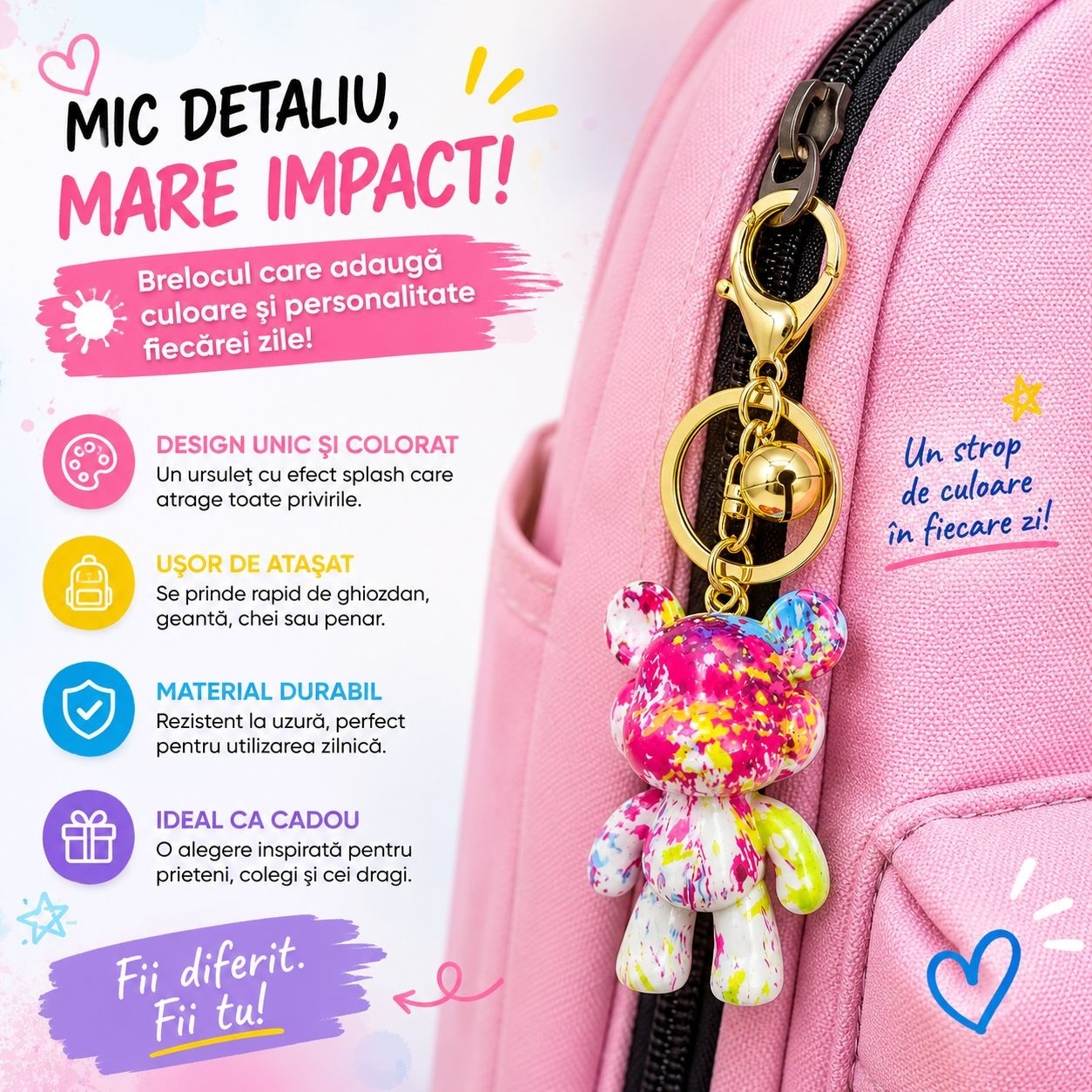Set 12 Brelocuri Ursuleț 5,5 cm – Mix Culori Splash, Accesorii pentru Chei, Ghiozdan și Geantă 3