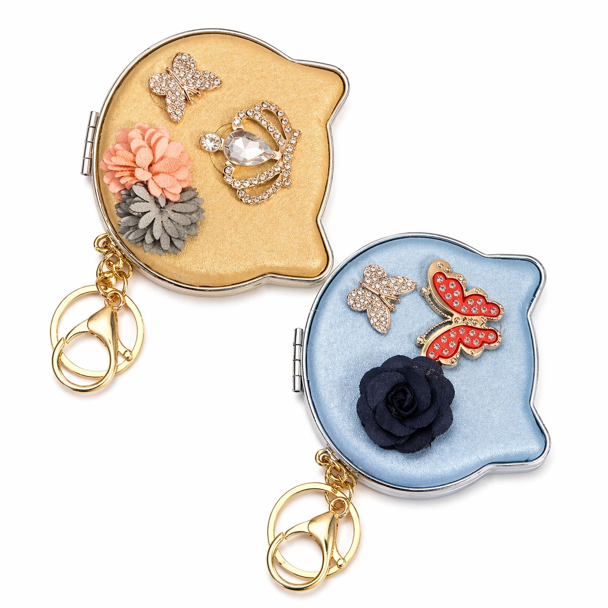 Set 12 oglinzi cosmetice, 7,5 cm, forma pisică, diverse modele, portabile cu breloc 2