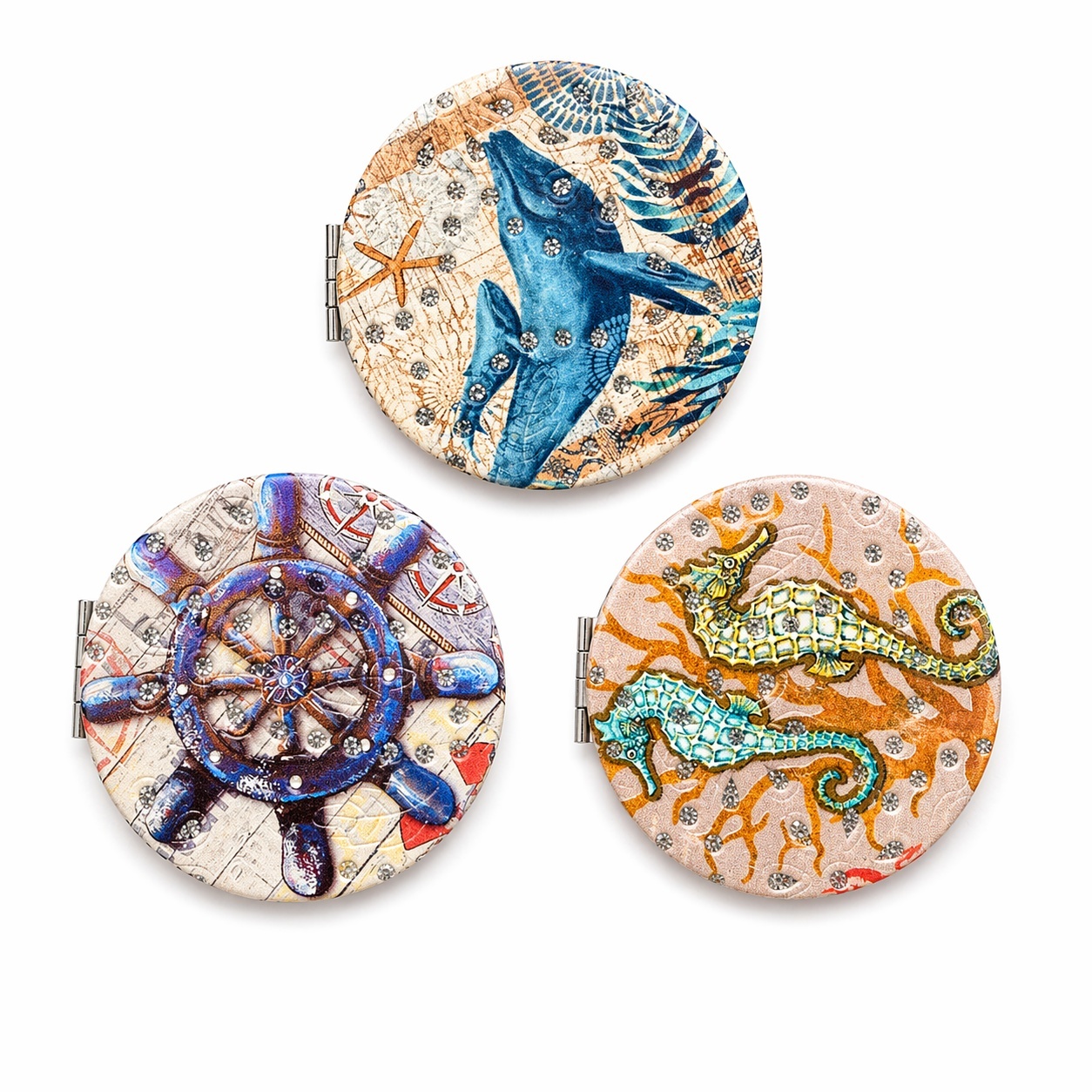 Set 12 oglinzi cosmetice 7 cm , elemente marine, oglindă dublă, compacte și elegante 2