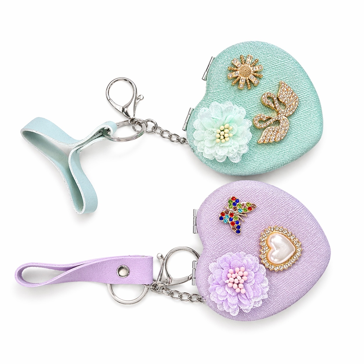 Set 12 oglinzi cosmetice 7 cm, model inimă, design elegant cu breloc 2