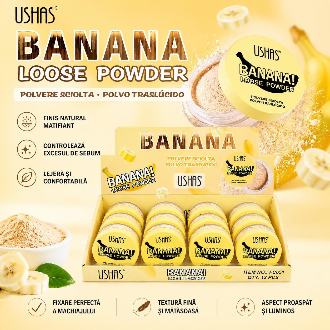 Set 12 Pudră Liberă Matifiantă Banana USHAS – Fixare Machiaj și Controlul Sebumului 2