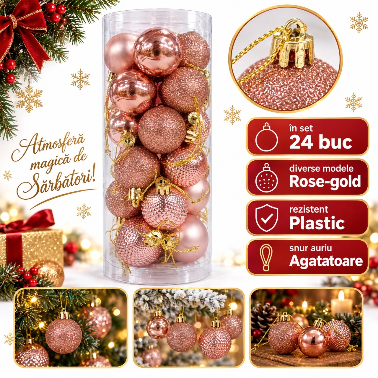 Set 24 globuri de Crăciun rose-gold, din plastic, diverse modele, 20,5 cm