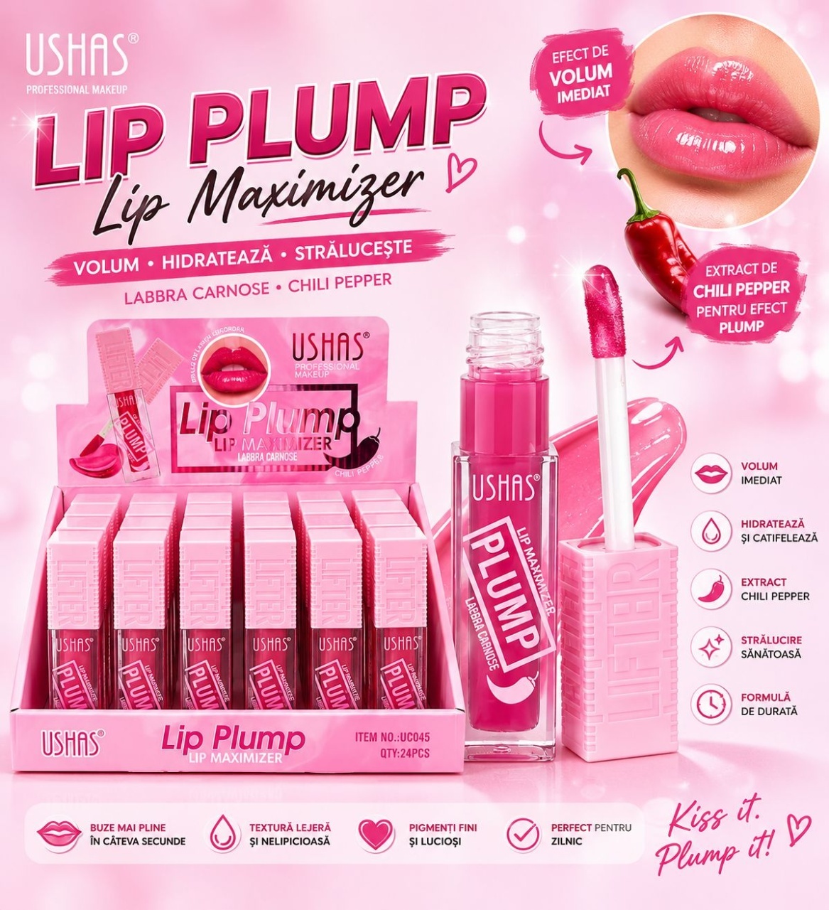 Set 24 Luciuri de Buze Volumizante USHAS Lip Plump – Efect Plumping, Textură Lejeră și Strălucire Intensă 2