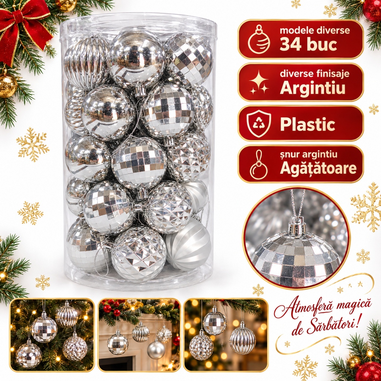 Set 34 globuri de Crăciun argintii, plastic, modele diverse, tub 44x23 cm